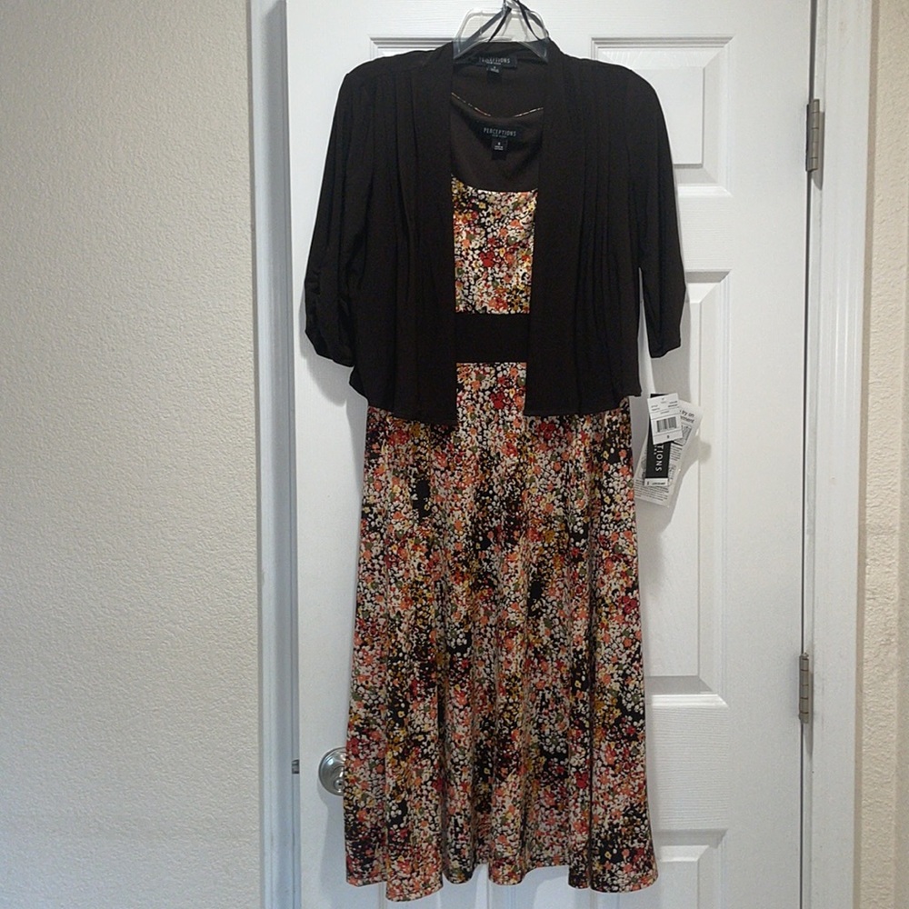 NWT dark brown, orange, white, and red patterned maxi dress with matching shrug
